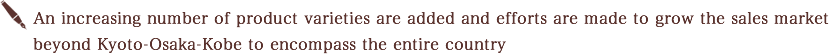 An increasing number of product varieties are added and efforts are made to grow the sales market beyond Kyoto-Osaka-Kobe to encompass the entire country