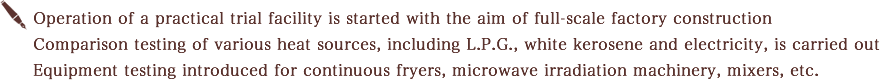 Operation of a practical trial facility is started with the aim of full-scale factory construction Comparison testing of various heat sources, including L.P.G., white kerosene and electricity, is carried out Equipment testing introduced for continuous fryers, microwave irradiation machinery, mixers, etc.